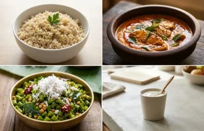Steamed Steamed White Rice with Fish Curry, Beans Poriyal and Plain Yogurt Cup