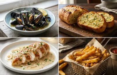 Steamed Mussels in White Wine and Garlic with Garlic Bread, Chicken in White Wine Sauce and French Fries