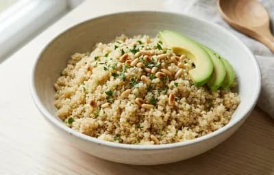 Steamed Quinoa with Vegan Low-Ox Cucumber Quinoa Salad and Vegan Roasted Edamame