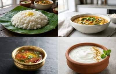 Steamed Rice with Sambar with Rasam with Cabbage Poriyal with Papad with Dahi