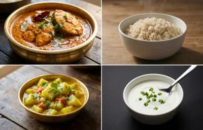 Surmai Curry with Steamed White Rice with Lauki Sabzi with Lactose-Free Curd
