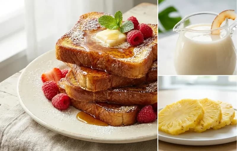 Sweet Bread French Toast, Coconut Syrup and Sliced Pineapple