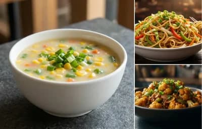 Sweet Corn Soup with Veg Hakka Noodles and Gobi Manchurian Dry