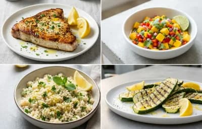 Swordfish Steak with Mango Salsa, Herbed Couscous and Grilled Zucchini
