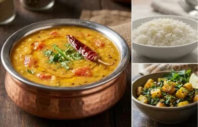 Tamatar ki Dal with Steamed Basmati Rice and Aloo Methi Fry