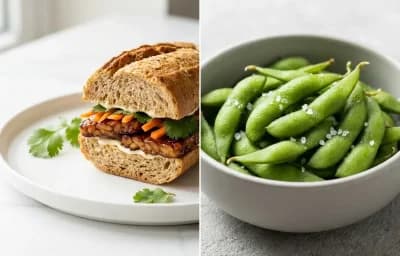 Tempeh Banh mi with Pickled Vegetables and Sriracha Mayo with Edamame