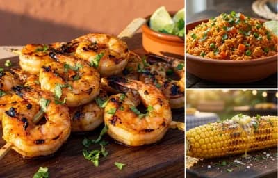 Tequila Lime Shrimp Skewers with Mexican Rice and Grilled Corn on the Cob