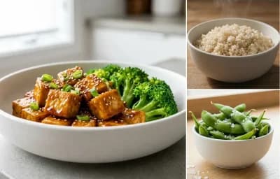 Teriyaki Tofu, Brown Rice and Steamed Edamame with Sea Salt
