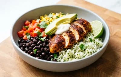 Tex Mex Chicken Bowl with Cauliflower Rice and Cilantro Lime Crema