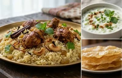 Thalassery Chicken Biryani with Cucumber Raita and Pappadam