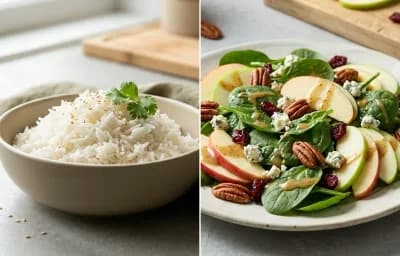 Tofu Cubes Light Saute with Cooked White Rice Half Cup, Vegetable Veg Stir-Fry and Spinach Apple Salad