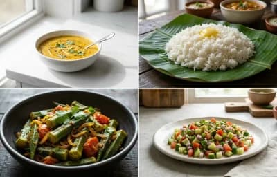 Toor Dal with Steamed White Rice with Bhindi Sabzi with Kachumber Salad