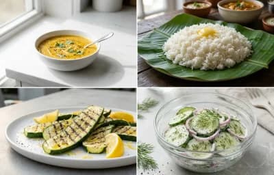 Toor Dal with Steamed White Rice with Grilled Zucchini with Cucumber Salad