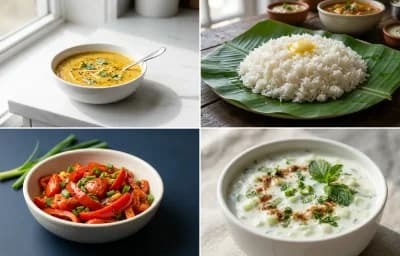 Toor Dal with Steamed White Rice with Red Bell Pepper Sabzi with Cucumber Raita