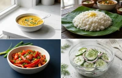 Toor Dal with Steamed White Rice with Red Bell Pepper Sabzi with Cucumber Salad