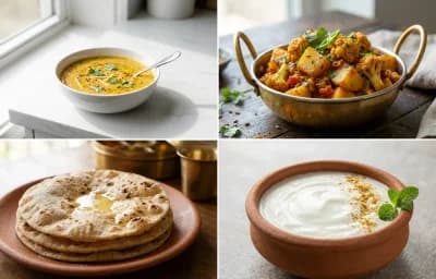 Toor Dal with Steamed Rice with Aloo Gobi with Roti with Dahi