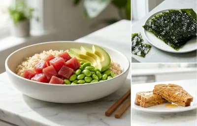 Tuna Poke Bowl with Edamame Avocado and Mango with PB Sandwich