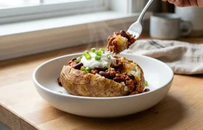 Turkey Chili over Baked Potato with Cheese and Sour Cream
