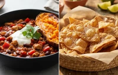 Turkey Chili over Baked Sweet Potato with Yogurt Avocado Topping