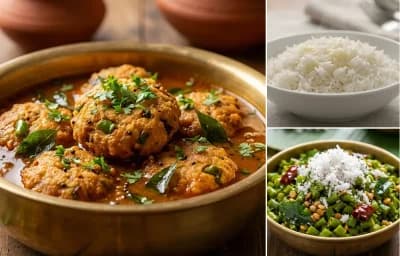 Vazhaipoo Vadai Kuzhambu with Steamed Basmati Rice and Beans Poriyal