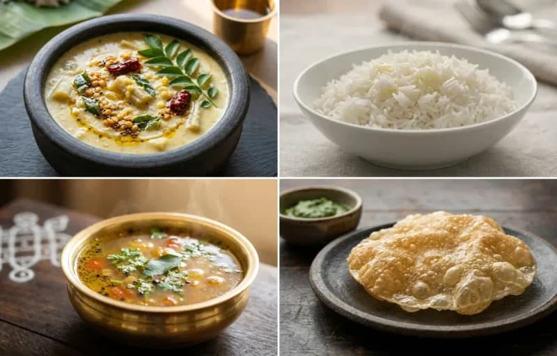 Vazhaithandu Kootu, Steamed Basmati Rice, Milagu Rasam and Appalam