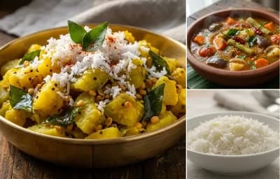 Vazhakkai Poriyal with Vegetable Sambar and Steamed Basmati Rice