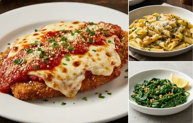 Veal Parmesan, Garlic and Herb Penne Pasta and Sauteed Spinach with Garlic
