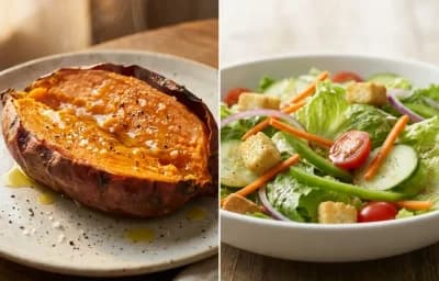 Vegan Black Bean Burger with Baked Sweet Potato and Garden Salad