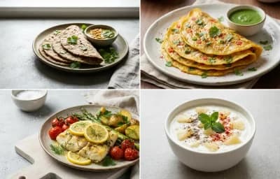 Vegan Jowar Roti with Moong Dal Chilla, Baked Cod With Lemon, Pineapple Raita and Cucumber Carrot Sticks With Mint Yogurt Dip