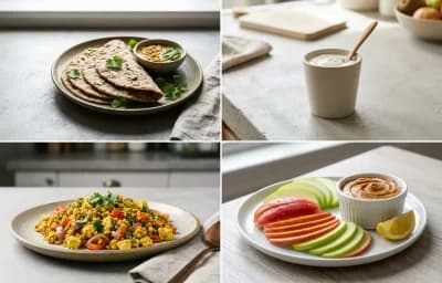 Vegan Jowar Roti with Plain Yogurt Cup, Vegan Tofu Bhurji, Apple Slices With Peanut Butter and Mint Coriander Chutney No-Salt