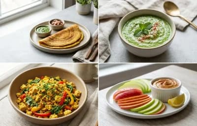 Vegan Moong Dal Cheela with Mint Yogurt Chutney, Tofu Scramble, Plain Yogurt Cup and Apple Slices With Peanut Butter
