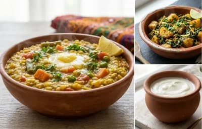 Vegetable Bajra Khichdi with Aloo Methi with Curd