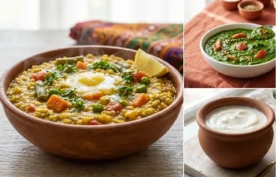 Vegetable Bajra Khichdi with Palak Sabzi with Curd
