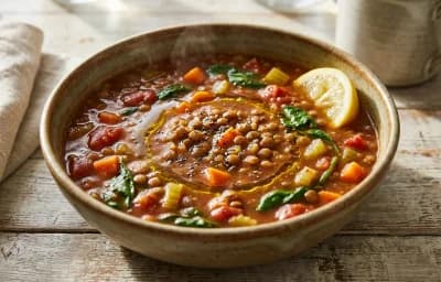 Vegetable Pilaf with Lentil Soup and Radish Salad