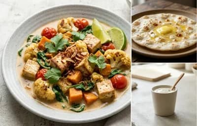 Vegetable Tofu Curry with Kadhi, Jowar Roti and Plain Yogurt Cup