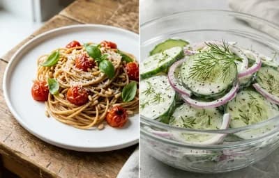 Veggie Meatballs with Whole Wheat Spaghetti and Cucumber Salad