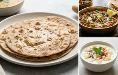 Whole Wheat Roti with Chicken Keema, Yellow Dal Fry, Pineapple Raita and Carrot Cucumber Salad