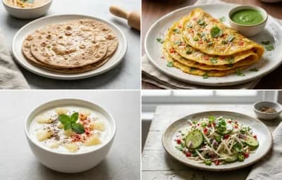 Whole Wheat Roti with Moong Dal Chilla, Egg Bhurji Main, Pineapple Raita and Mooli Cucumber Salad