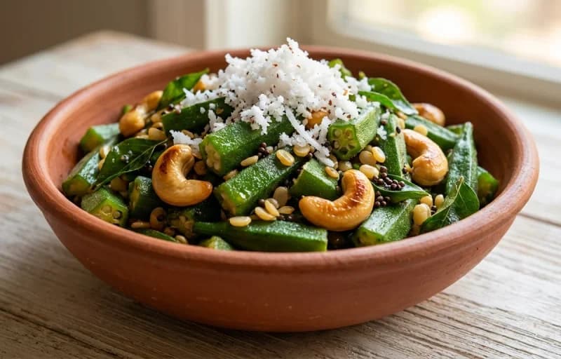 Bhendi Kaju Upkari, Steamed Basmati Rice and Tomato Saaru - Recipe 1