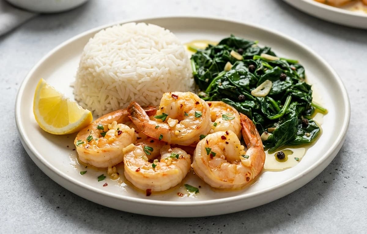 Garlic and Lemon Shrimp, Steamed White Rice and Sauteed Spinach with Garlic