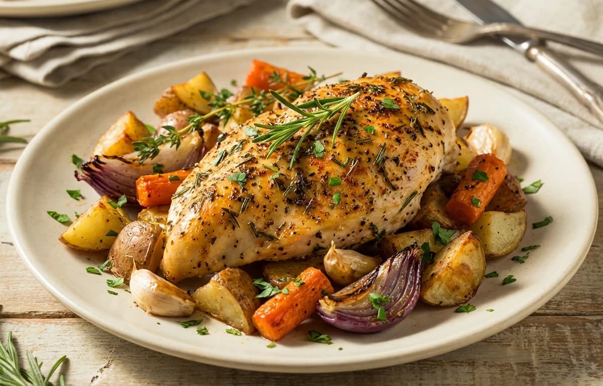 Herb-Roasted Chicken Breast with Roasted Potatoes and Root Vegetables