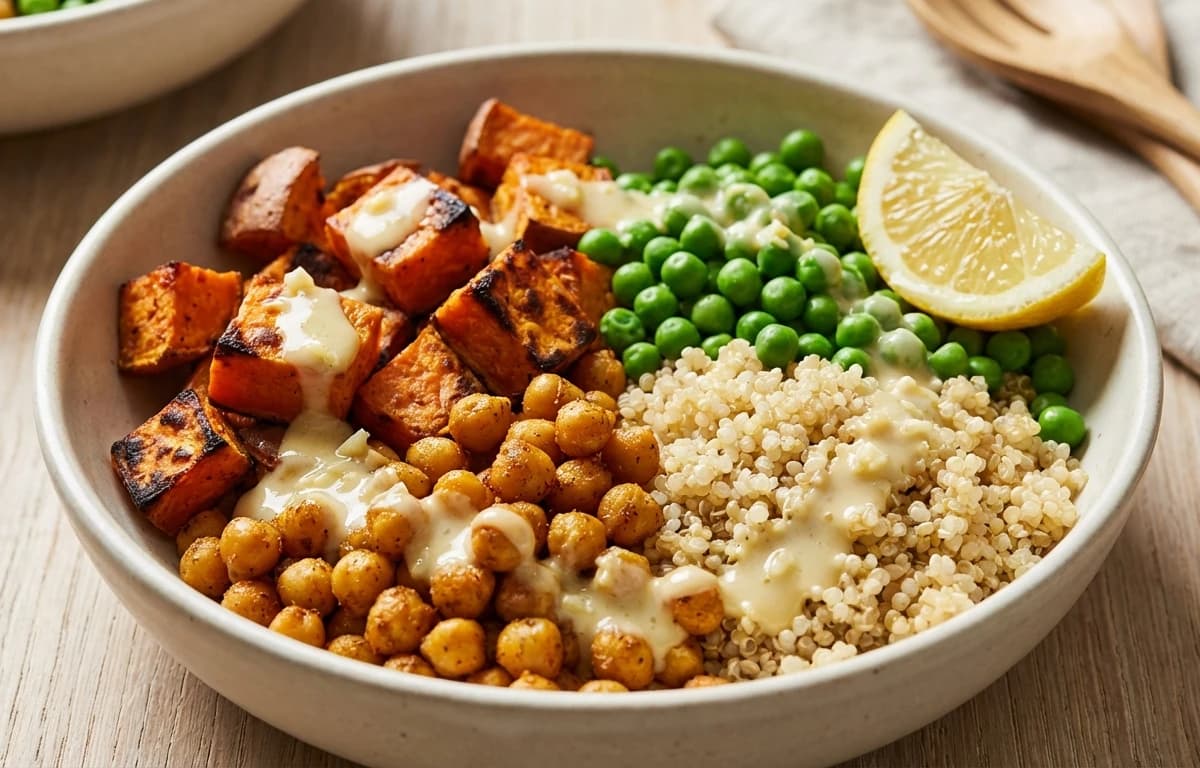 Roasted Sweet Potatoes and Chickpeas, Quinoa and Lemon Tahini Dressing