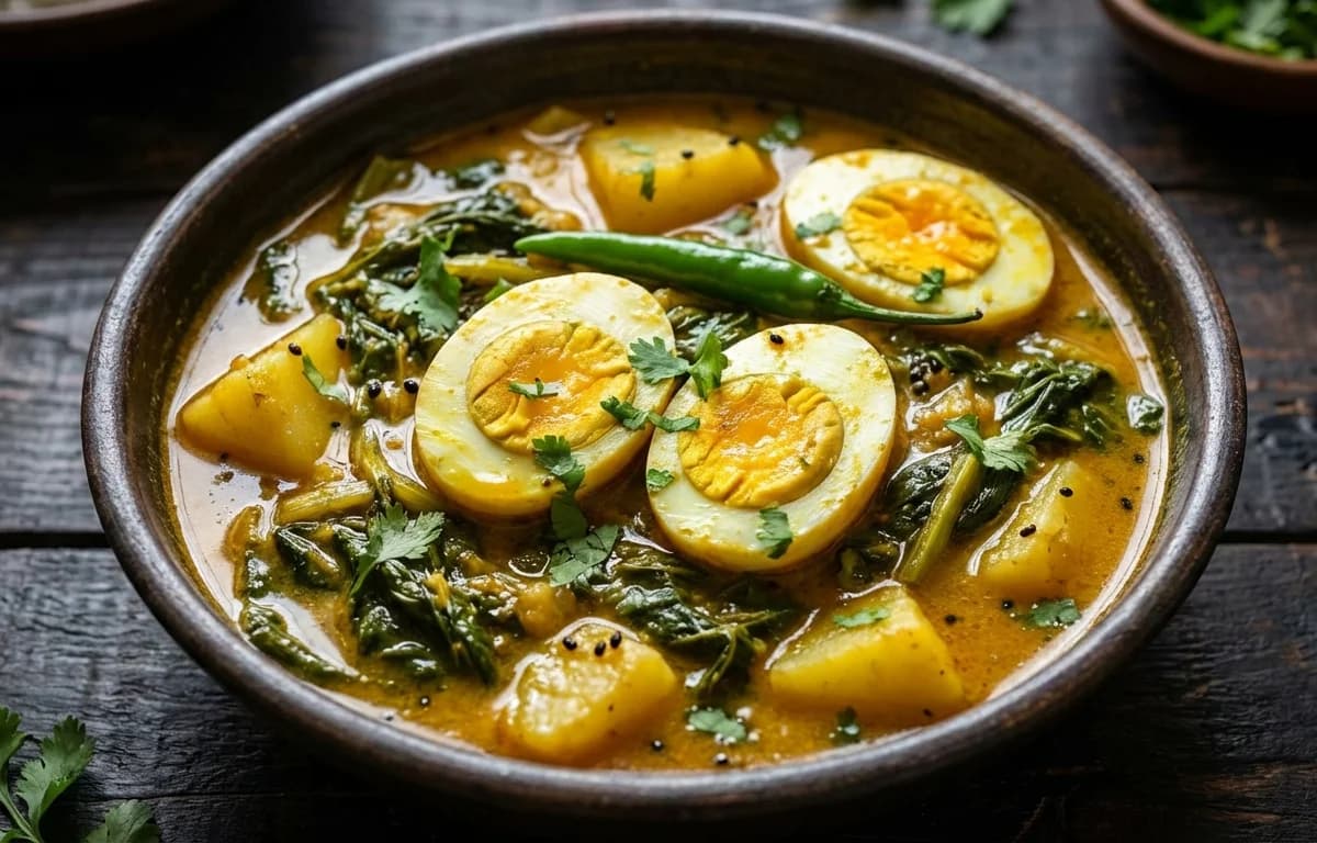 Assamese Egg Curry with Mustard Greens